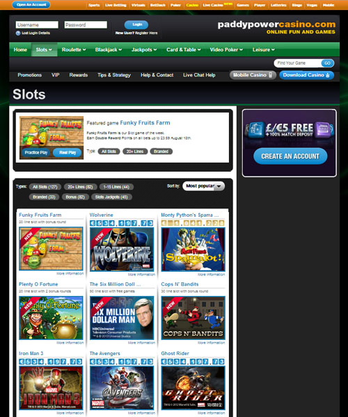 Paddy Power Casino screenshot casino lobby with slot games, live dealer tables, payment options, and user interface elements