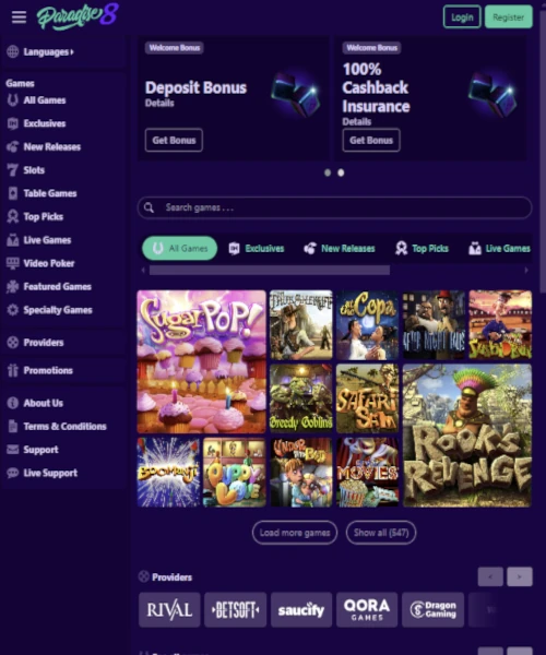 Paradise 8 Casino screenshot casino lobby with slot games, live dealer tables, payment options, and user interface elements