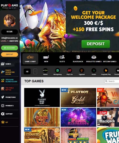 Playamo screenshot casino lobby with slot games, live dealer tables, payment options, and user interface elements