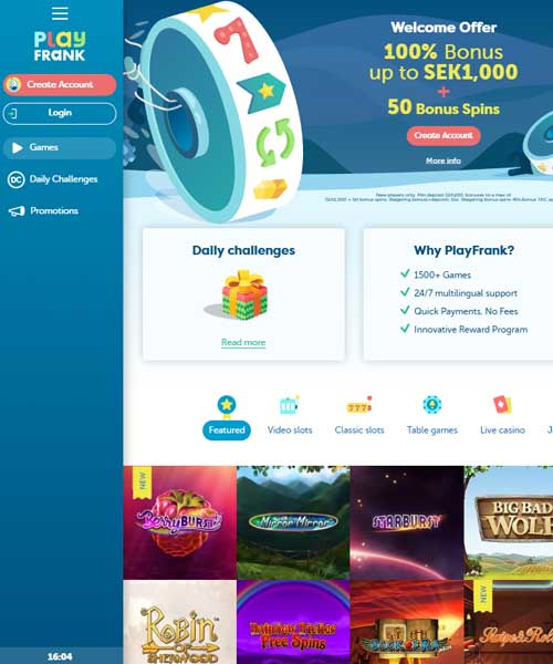 PlayFrank Casino screenshot casino lobby with slot games, live dealer tables, payment options, and user interface elements