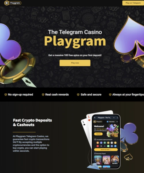 Playgram Telegram Casino screenshot casino lobby with slot games, live dealer tables, payment options, and user interface elements