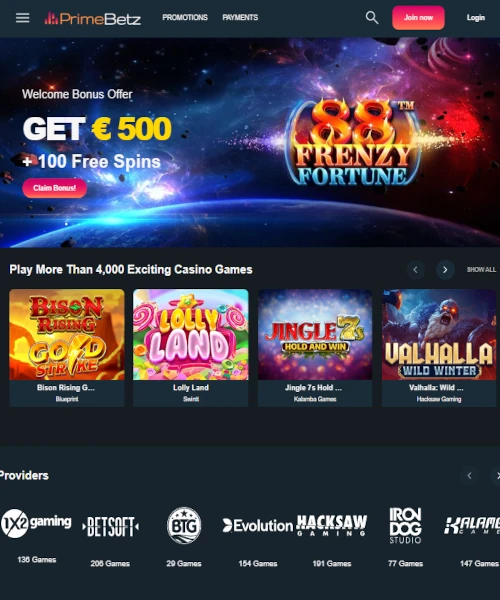 PrimeBetz screenshot casino lobby with slot games, live dealer tables, payment options, and user interface elements