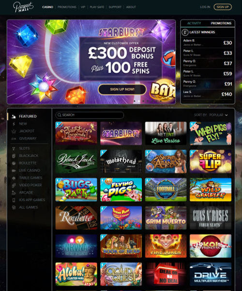 Prospect Hall Casino screenshot casino lobby with slot games, live dealer tables, payment options, and user interface elements