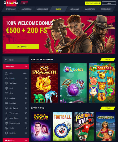 Rabona screenshot casino lobby with slot games, live dealer tables, payment options, and user interface elements