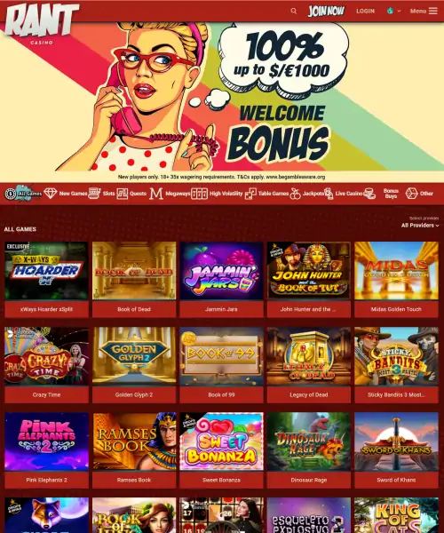 Rant Casino screenshot casino lobby with slot games, live dealer tables, payment options, and user interface elements