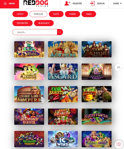 Red Dog Casino screenshot casino lobby with slot games, live dealer tables, payment options, and user interface elements