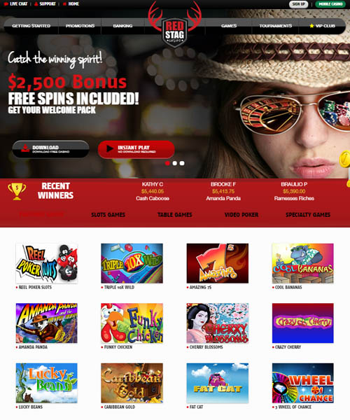 Red Stag Casino screenshot casino lobby with slot games, live dealer tables, payment options, and user interface elements