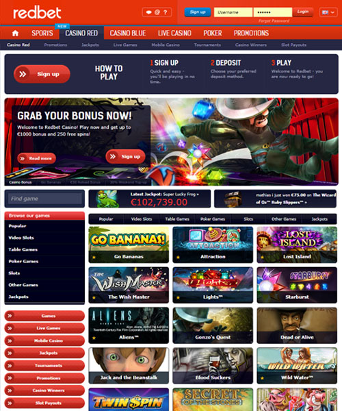 Redbet Casino screenshot casino lobby with slot games, live dealer tables, payment options, and user interface elements