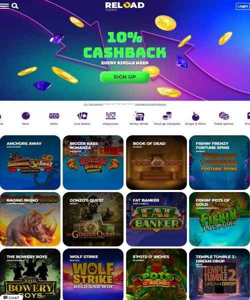 Reload Casino screenshot casino lobby with slot games, live dealer tables, payment options, and user interface elements