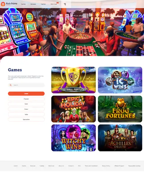 Rich Palms Casino screenshot casino lobby with slot games, live dealer tables, payment options, and user interface elements
