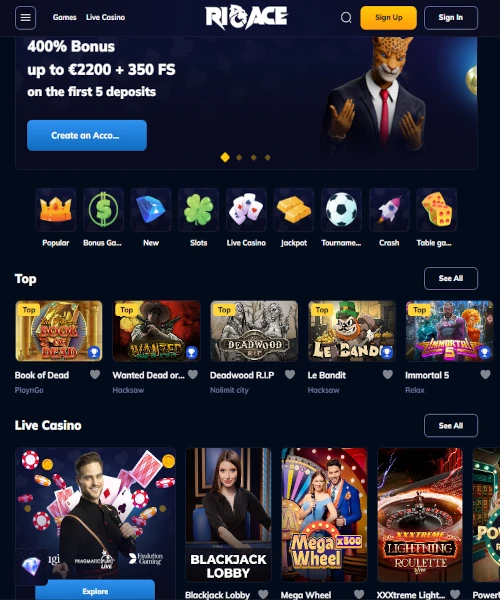 RioAce Casino screenshot casino lobby with slot games, live dealer tables, payment options, and user interface elements