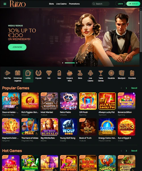 Ritzo Casino screenshot casino lobby with slot games, live dealer tables, payment options, and user interface elements