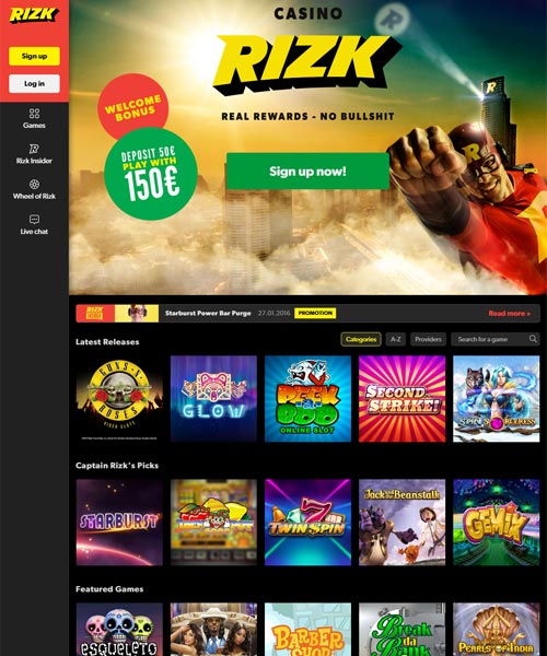 Rizk screenshot casino lobby with slot games, live dealer tables, payment options, and user interface elements