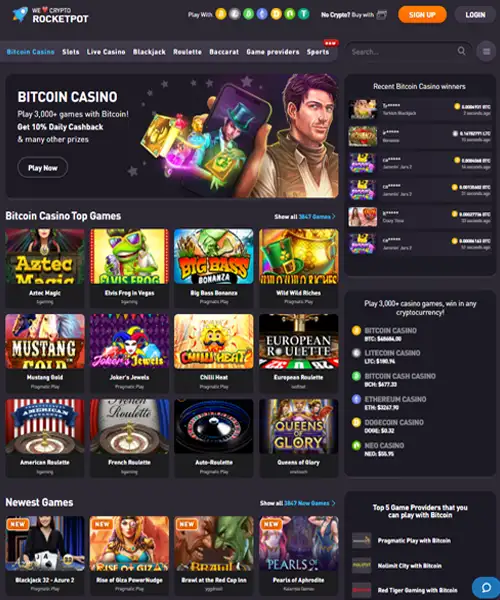 Rocketpot Casino screenshot casino lobby with slot games, live dealer tables, payment options, and user interface elements
