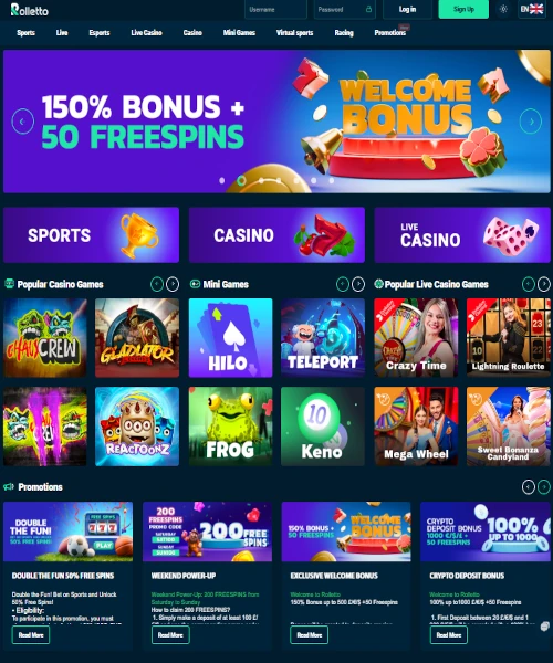 Rolletto Casino screenshot casino lobby with slot games, live dealer tables, payment options, and user interface elements