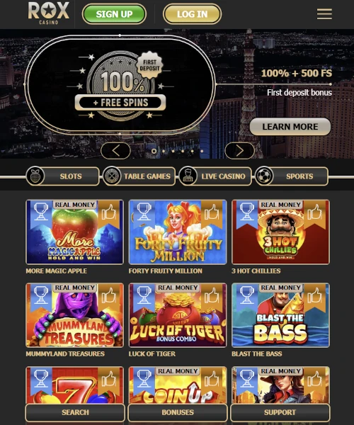 ROX Casino screenshot casino lobby with slot games, live dealer tables, payment options, and user interface elements