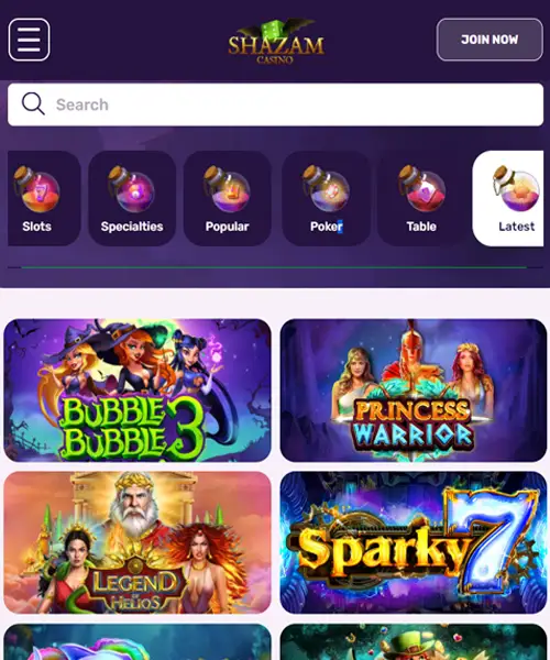 Shazam Casino screenshot casino lobby with slot games, live dealer tables, payment options, and user interface elements