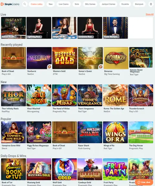 Simple Casino screenshot casino lobby with slot games, live dealer tables, payment options, and user interface elements