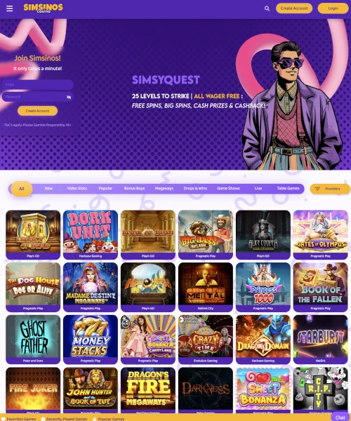 Simsinos Casino screenshot casino lobby with slot games, live dealer tables, payment options, and user interface elements