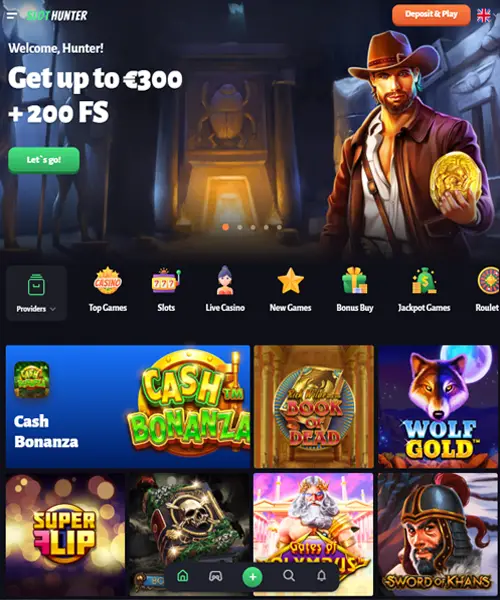 Slot Hunter Casino screenshot casino lobby with slot games, live dealer tables, payment options, and user interface elements