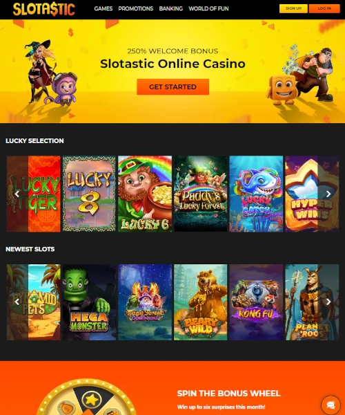 Slotastic Casino screenshot casino lobby with slot games, live dealer tables, payment options, and user interface elements
