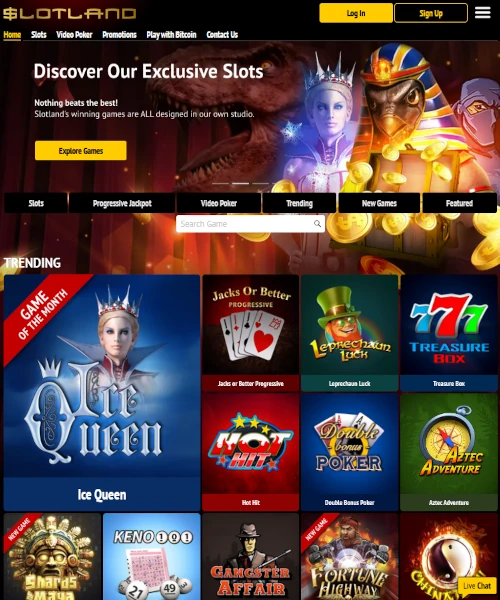 Slotland Casino screenshot casino lobby with slot games, live dealer tables, payment options, and user interface elements