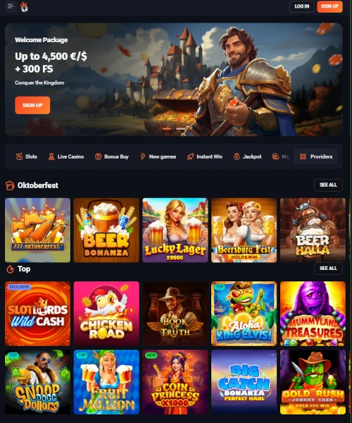SlotLords Casino screenshot casino lobby with slot games, live dealer tables, payment options, and user interface elements