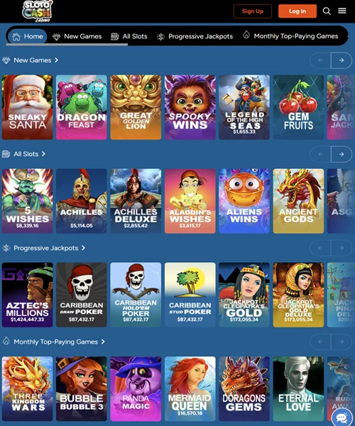 Sloto Cash Casino screenshot casino lobby with slot games, live dealer tables, payment options, and user interface elements