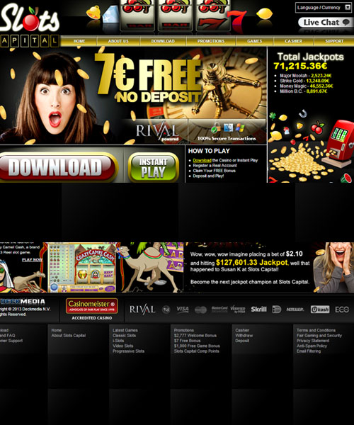 Slots Capital Casino screenshot casino lobby with slot games, live dealer tables, payment options, and user interface elements