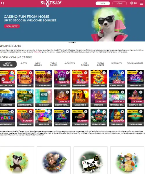 Slots.lv screenshot casino lobby with slot games, live dealer tables, payment options, and user interface elements