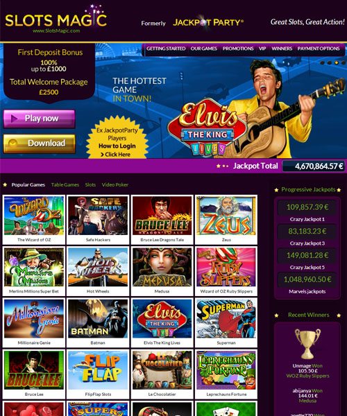 Slots Magic Casino screenshot casino lobby with slot games, live dealer tables, payment options, and user interface elements
