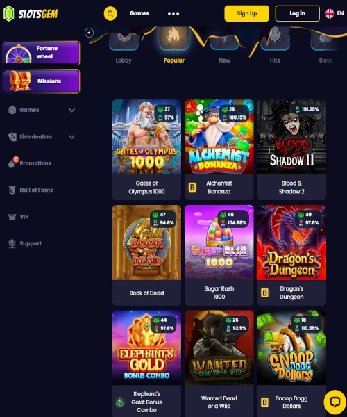 Slotsgem Casino screenshot casino lobby with slot games, live dealer tables, payment options, and user interface elements