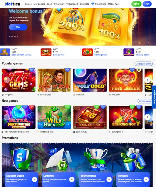 Slottica Casino screenshot casino lobby with slot games, live dealer tables, payment options, and user interface elements