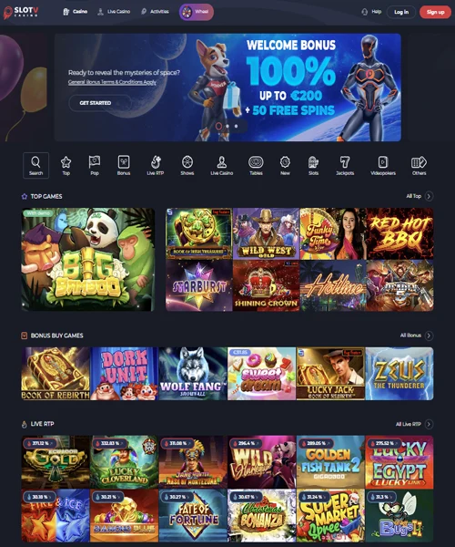 SlotV Casino screenshot casino lobby with slot games, live dealer tables, payment options, and user interface elements