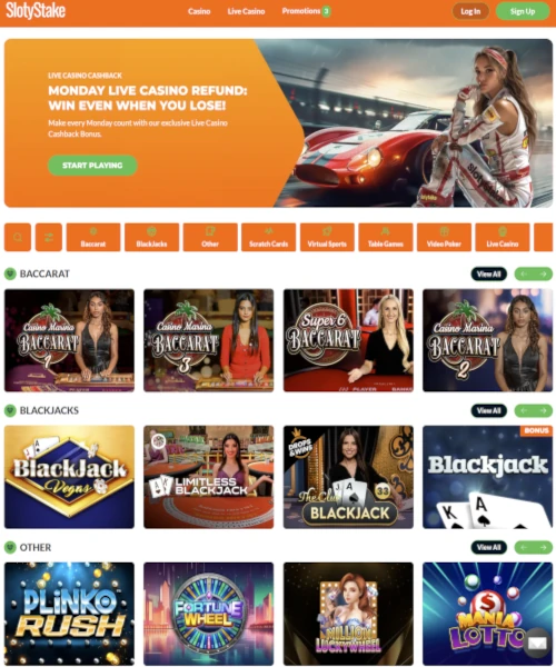 SlotyStake Casino screenshot casino lobby with slot games, live dealer tables, payment options, and user interface elements