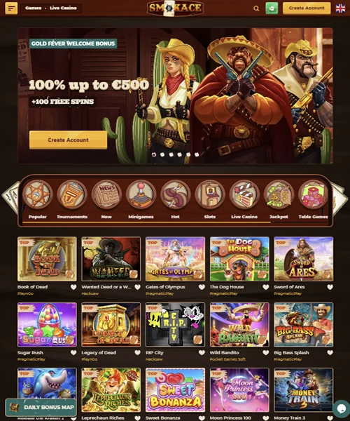 Smokace Casino screenshot casino lobby with slot games, live dealer tables, payment options, and user interface elements
