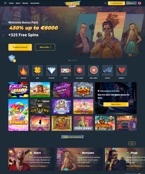 Snatch Casino screenshot casino lobby with slot games, live dealer tables, payment options, and user interface elements