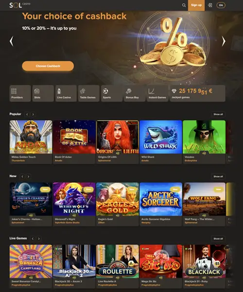 SOL Casino screenshot casino lobby with slot games, live dealer tables, payment options, and user interface elements