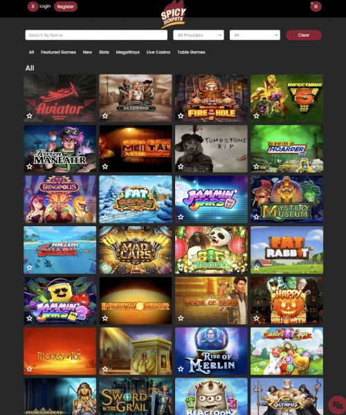 Spicy Jackpots Casino screenshot casino lobby with slot games, live dealer tables, payment options, and user interface elements