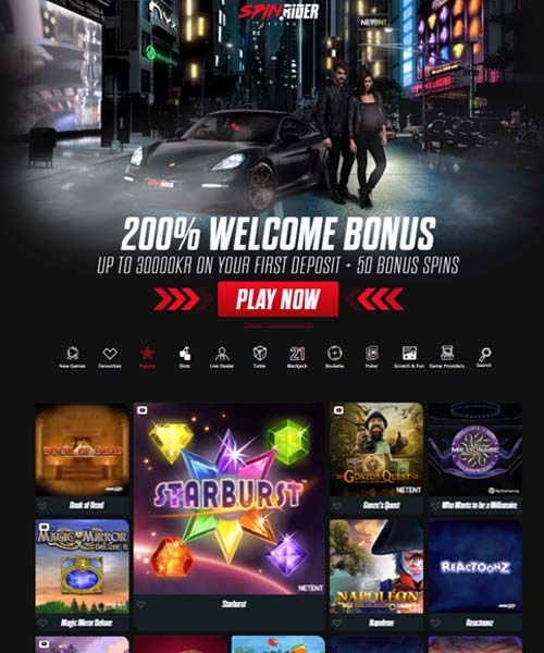 Spin Rider Casino screenshot casino lobby with slot games, live dealer tables, payment options, and user interface elements