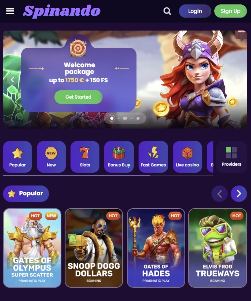 Spinando Casino screenshot casino lobby with slot games, live dealer tables, payment options, and user interface elements