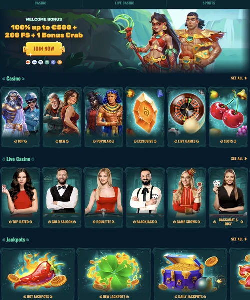Spinanga Casino screenshot casino lobby with slot games, live dealer tables, payment options, and user interface elements