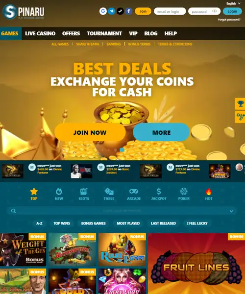 Spinaru Casino screenshot casino lobby with slot games, live dealer tables, payment options, and user interface elements