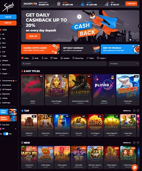 Spinch Casino screenshot casino lobby with slot games, live dealer tables, payment options, and user interface elements