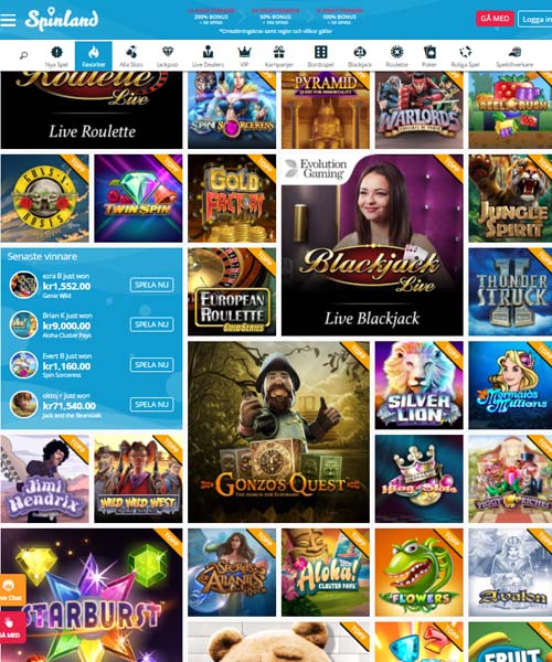 Spinland Casino screenshot casino lobby with slot games, live dealer tables, payment options, and user interface elements