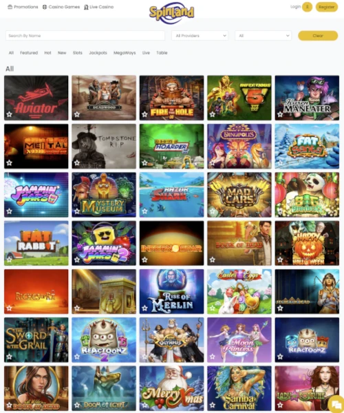 SpinLand screenshot casino lobby with slot games, live dealer tables, payment options, and user interface elements
