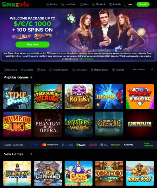 Spinzwin screenshot casino lobby with slot games, live dealer tables, payment options, and user interface elements