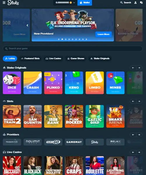 Stake Casino screenshot casino lobby with slot games, live dealer tables, payment options, and user interface elements