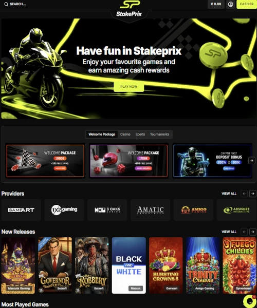 StakePrix Casino screenshot casino lobby with slot games, live dealer tables, payment options, and user interface elements