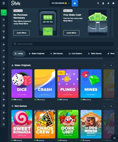 Stake US screenshot casino lobby with slot games, live dealer tables, payment options, and user interface elements